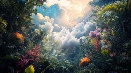 Obraz premium A lush tropical forest canopy opening to the bright sky