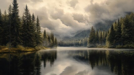 Fototapeta premium A tranquil lake surrounded by evergreen trees and mountains