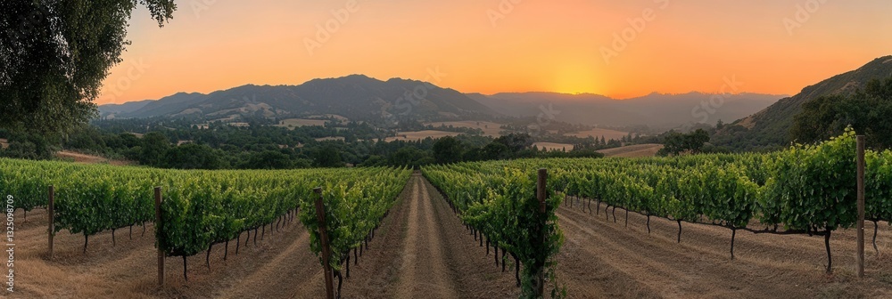 Poster sunset over a lush vineyard with rows of green vines leading towards warm orange sky in a serene lan