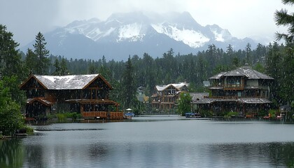 Fototapeta premium Rainy Mountain Lakefront Homes.