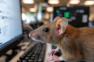 A curious rat explores a computer workstation, portraying the intersection of technology and nature, and challenging stereotypes about rodents in modern settings.