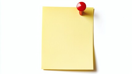 Yellow sticker pinned red push button with curled corner, ready for your message. Vector illustration Isolated on white background. Front view. Top view. Close up.