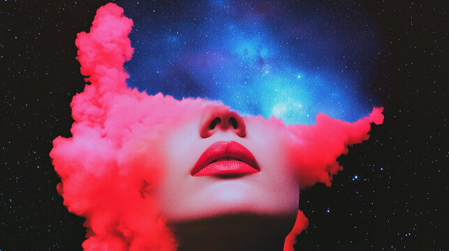 Woman experiencing psychedelic ketamine therapy merging with universe and stars