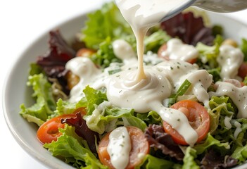 Delicious salad with creamy dressing kitchen food photography bright lighting close-up