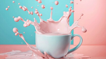 Splash of pink milk in a pastel-colored cup