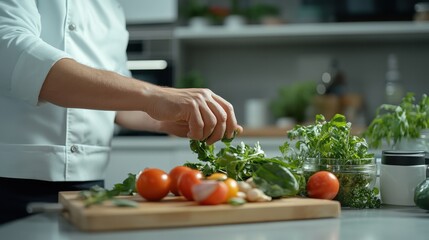A nutritionist preparing a healthy meal plan with fresh vegetables and protein sources