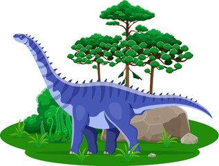 Hypselosaurus prehistoric dinosaur character, genus of titanosaurian sauropod dino that lived during the Late Cretaceous period. Isolated cartoon vector reptile animal at lush landscape with trees © Vector Tradition