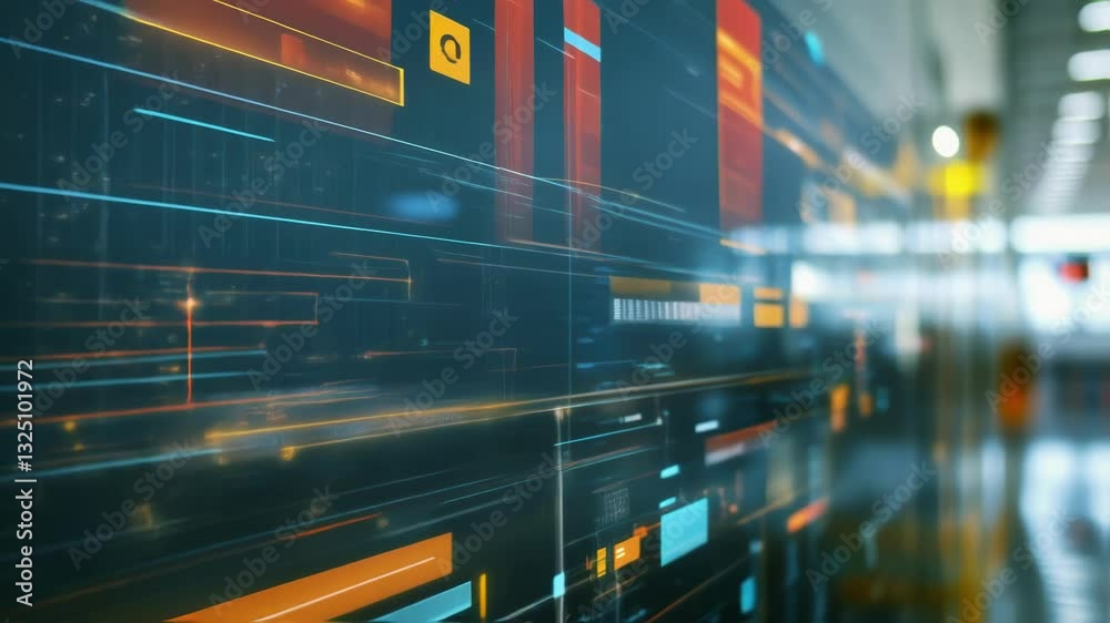Poster futuristic screen displaying complex data analysis with colorful blocks and lines, representing inno