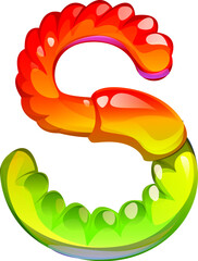 Fast food jelly worm snack alphabet font letter S. Takeaway menu appetizer typeface letter, fast food cafe snack vector English alphabet element. Dessert kids ABC font symbol or font typeset letter