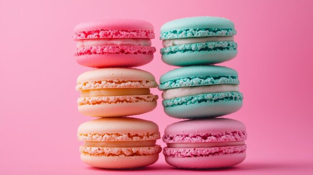 Colorful French macarons stacked in a playful arrangement