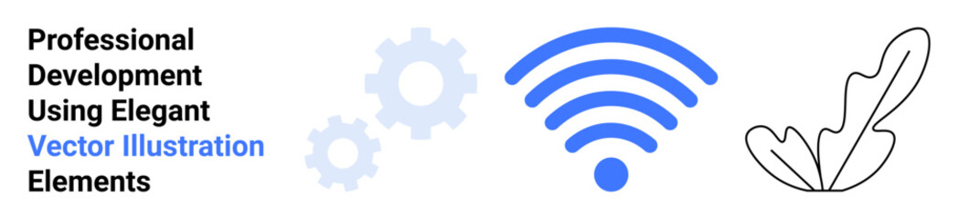 Blue wireless signal icon, light gray gears, and abstract leaf outline highlighting connectivity, progress, and innovation. Ideal for tech blogs, communication, automation, e-learning branding