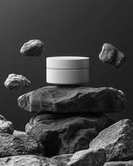Floating white cosmetic jar with rocks in minimalist monochrome style