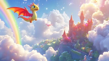 Whimsical dragon soaring above cloud kingdom fantasy art illustration