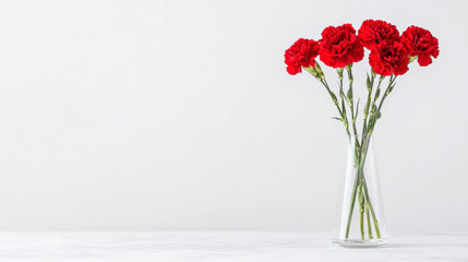 Fototapeta premium Red carnations in glass vase against minimalist white background
