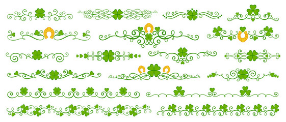 Shamrock clover dividers and borders of st Patrick day holiday. Green line patterns. Vector trims with lucky clover plants and gold horseshoes. Decorative ornaments for Irish festival celebrations