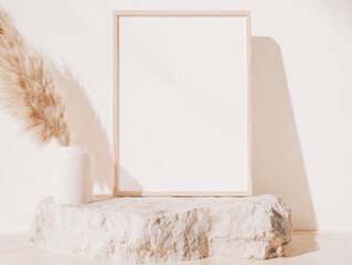 Wooden poster frame mockup on textured stone surface with natural light