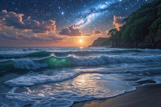 Evening View of Clear Waves and Stunning Cosmic Ocean Light