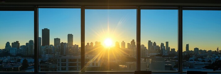 Obraz premium Dawn city skyline seen through wide expansive windows