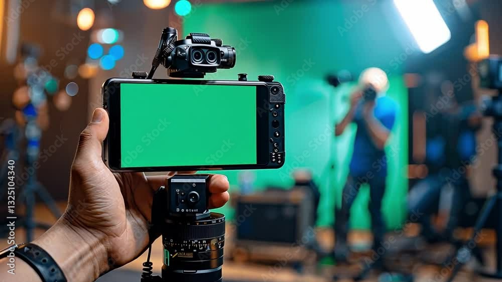 Aufkleber A detailed view of a smartphone mounted on a tripod, ready for recording as a filmmaker captures content against a chromakey backdrop. The studio is bustling with cameras and lights.