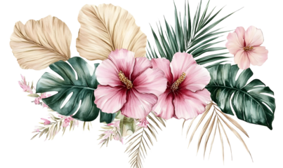 Bouquet with green watercolor tropical leaves and pink flowers, Boho Wedding isolated illustration