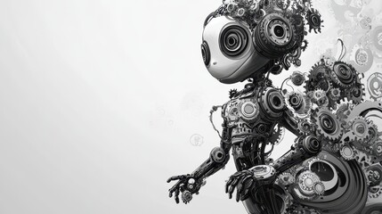 A robotic creature with gears and mechanical components visualized in grayscale