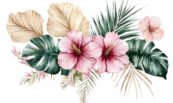 Bouquet with green watercolor tropical leaves and pink flowers, Boho Wedding isolated illustration