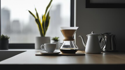 Obraz premium Modern coffee brewing setup in a stylish kitchen