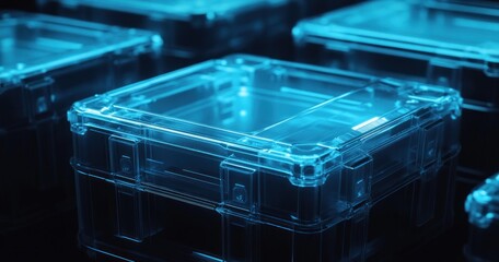 Translucent blue containers, digital rendering.