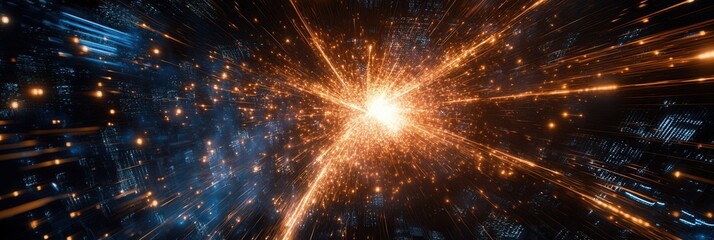 Fototapeta premium Fireworks explode in a vibrant spectacle over the city skyline, illuminating the night sky with golden light and energy