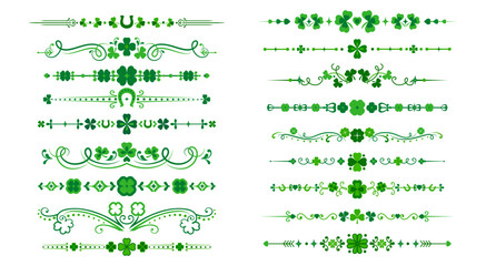 St Patrick day shamrock clover dividers and borders. Vector green Irish trims with green shamrocks leaves, swirls and lucky horseshoe embellishments. Festive ornaments for greetings and invitations