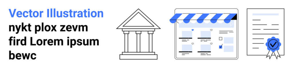 Bank building, online storefront, official certificate with blue seal highlight online business approval and organization. Ideal for finance, e-commerce, certification, accreditation, digital