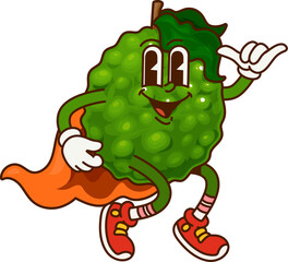 Cartoon groovy bergamot Halloween wizard fruit character. Isolated vector tropical fruit personage in magic cape and retro sneakers exuding playful holiday vibe with friendly and cheerful expression