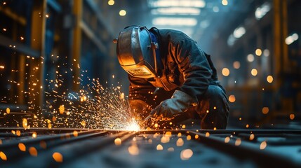 gold spark bokeh fire flame from cutting steel welding from a welder at industry factory.