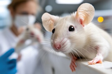 A close-up view of a white mouse in a laboratory setting, highlighting the adorable features of the rodent while showcasing its importance in scientific research and innovation.
