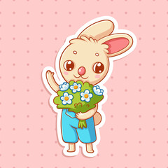 Vector illustration for sticker with Easter Rabbit with flowers. Animal character. Cute bunny with bouquet.