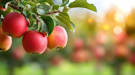 Close Up of Ripe Red Apples on a Branch with Dew Drops in an Orchard with Blurred Green Background and Golden Sunlight