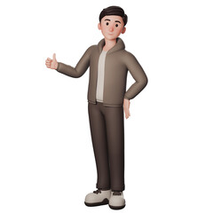 3D illustration of a casual cartoon man in brown dressed. showing thumbs up with left hand