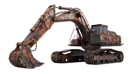 Old rusty excavator isolated on transparent background with clipping path