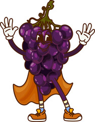 Cartoon groovy Halloween wizard grapes fruit character in holiday costume. Vector funny bunch of black grape retro personage dressed as a mischievous sorcerer with orange cloak and hippie sneakers
