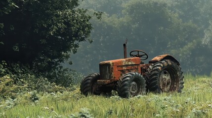 Obraz premium An old rusty tractor sits in tall grassy field