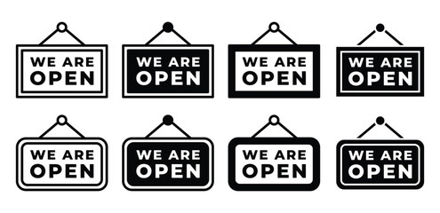 Obraz premium We Are Open Signs Black and White Color Vector Design Illustration Template Set