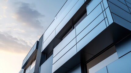 A close-up view of a modern building facade, showcasing sleek steel panels in shades of slate gray and cool steel blue
