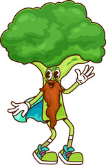 Cartoon groovy broccoli Halloween wizard vegetable character. Isolated vector veg warlock retro y2k personage with long beard, sneakers, and blue cape. Natural healthy food, fantasy fairytale veggie