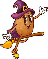 Cartoon groovy Halloween wizard potato vegetable character in purple witch hat and cape riding broomstick. Isolated vector veggie retro personage with cheerful expression captures magical holiday vibe