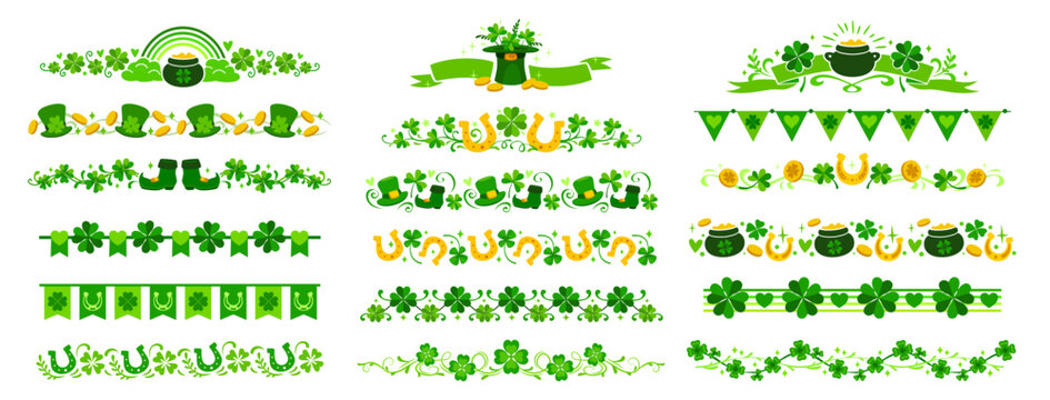 St Patrick day shamrock clover dividers and borders with golden coins, hats and boots. Vector set of trims or line patterns with lucky four leaf clover plants, rainbows, horseshoes and pot of gold