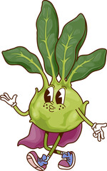 Cartoon groovy kohlrabi Halloween wizard vegetable character exuding funky vibe with Its magical cape, hippie sneakers and green leaves, ready for festive fun and holiday party with a fresh y2k twist