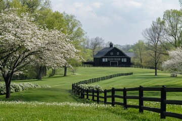 Obraz premium Picturesque rural landscape featuring a black barn, blooming trees, and a winding fence under a cloudy sky during springtime in a tranquil countryside setting