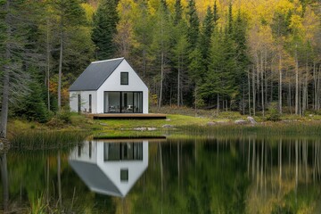 Obraz premium Nestled in a tranquil forest landscape, this contemporary cabin by the lake beautifully mirrors the vibrant autumn colors in the calm afternoon light