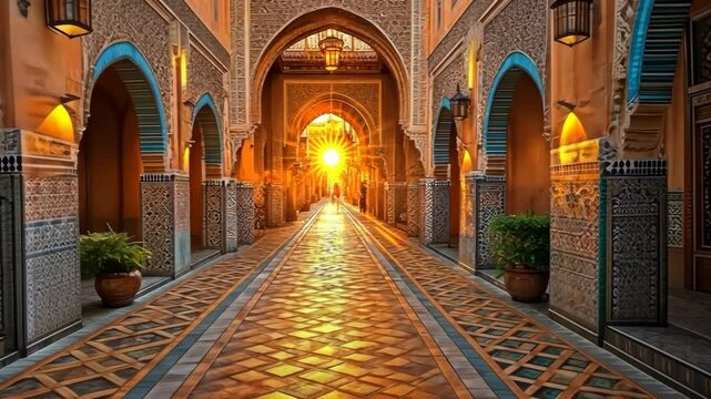 Golden Hour in a Moroccan Riad: A Sunlit Pathway