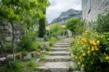 A beautiful garden path, flanked by vibrant lemon trees, meanders toward a charming hillside village, all under the soft light of an overcast sky